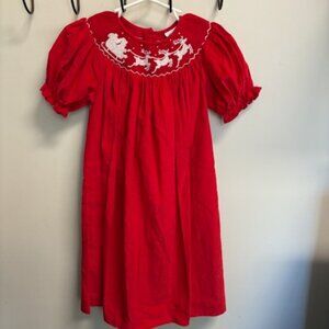 NWT Smocked Christmas Dress Red Corduroy Santa’s Sleigh and Reindeer size 3T